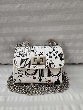 Hello 3AM Graffiti Print Mini Crossbody Bag with Silver Chain Strap